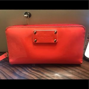 Kate Spade Patent Leather Neon Coral Zip Wallet